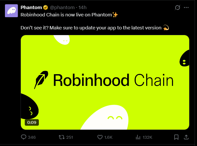 Phantom announcement showing Robinhood Chain support